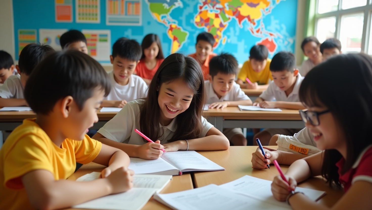 A bustling Singaporean classroom in summer, filled with students who are studying.